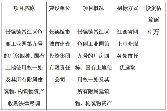 景德鎮(zhèn)昌江區(qū)魚麗工業(yè)園第九號(hào)的廠房四棟、國(guó)有土地使用權(quán)一處及其所有附屬建筑物、構(gòu)筑物資產(chǎn)收購(gòu)法律盡調(diào)項(xiàng)目計(jì)劃公告