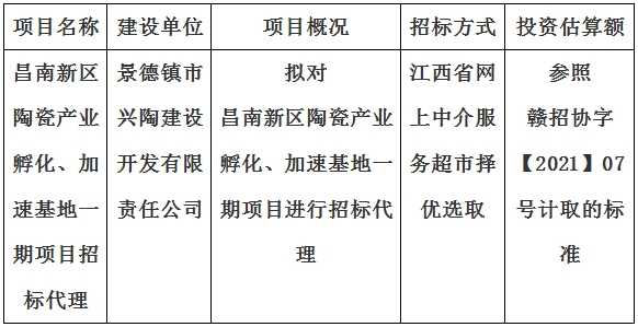昌南新區(qū)陶瓷產(chǎn)業(yè)孵化、加速基地一期項(xiàng)目招標(biāo)代理計(jì)劃公告